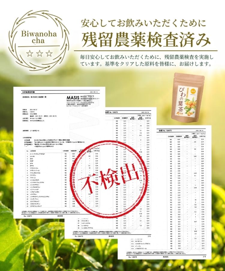温活農園の国産びわの葉茶は残留農薬検査済み