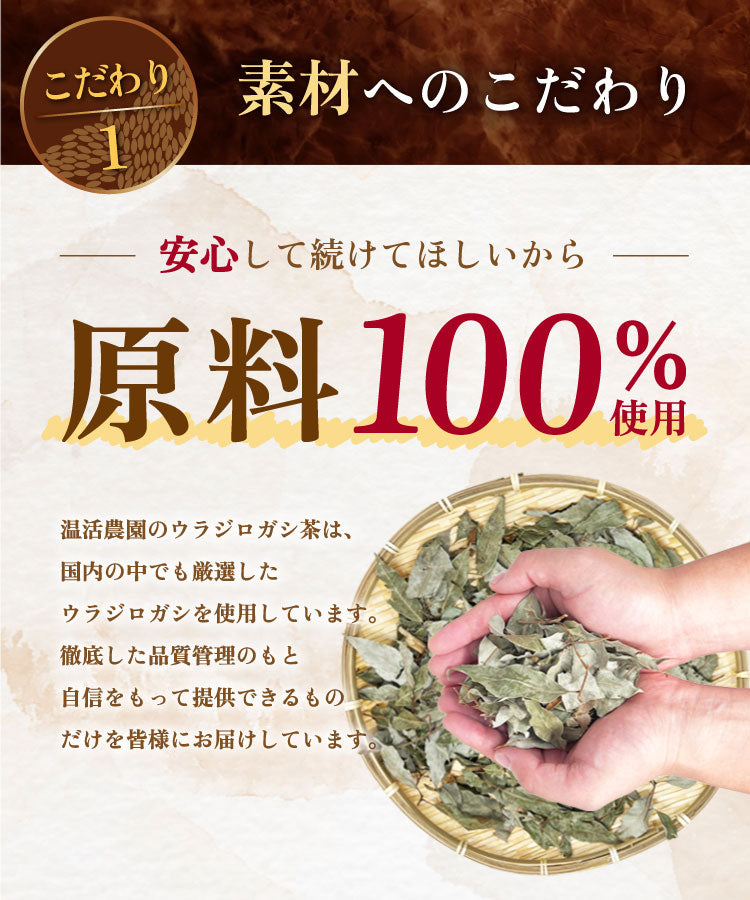 温活農園の国産ウラジロガシ茶はこだわりの原料を使用している
