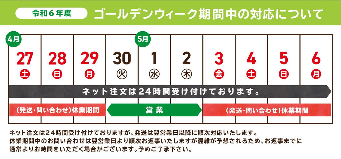 ゴールデンウィーク休業期間のお知らせ - 【公式】温活農園